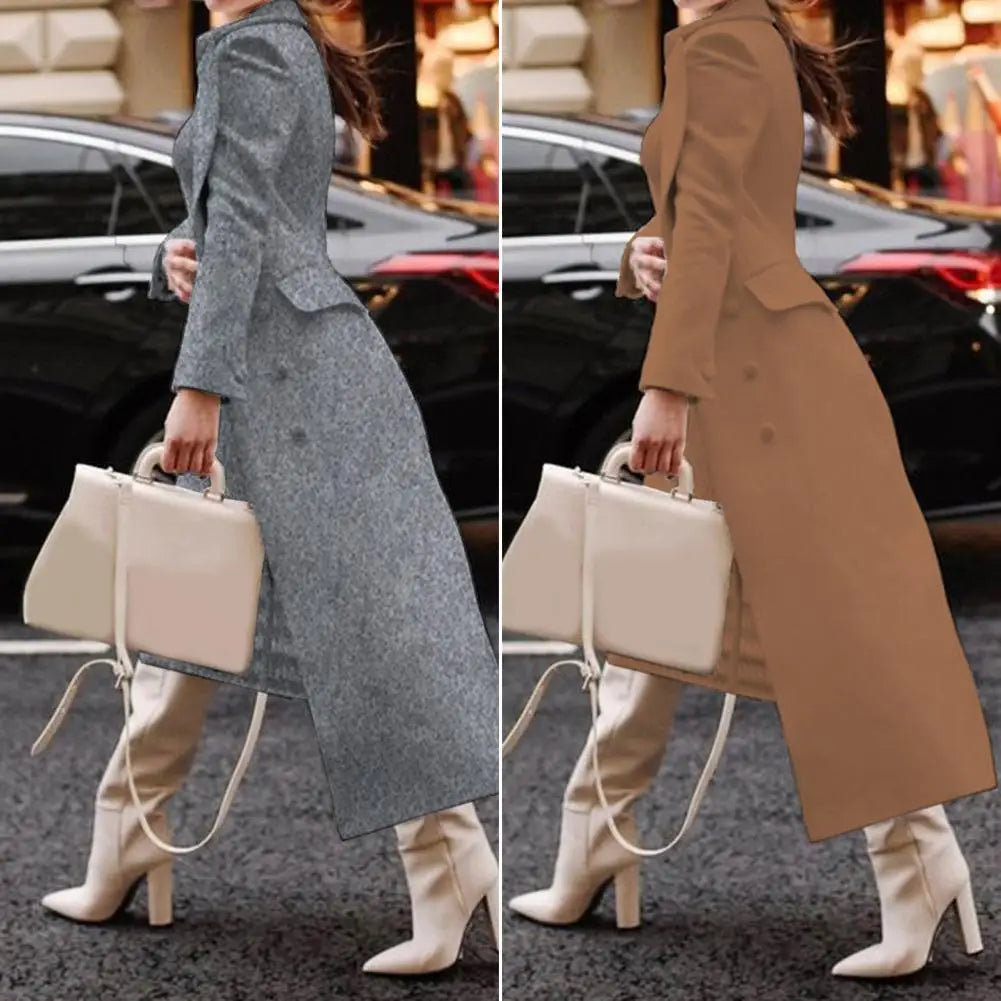 Anti-fade  Simple Women Winter Solid Color Long Woolen Jacket Coat Soft Woolen Outerwear Flap Pockets   Daily Clothing